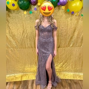 Dusty Purple Beaded Off the Shoulder Gown